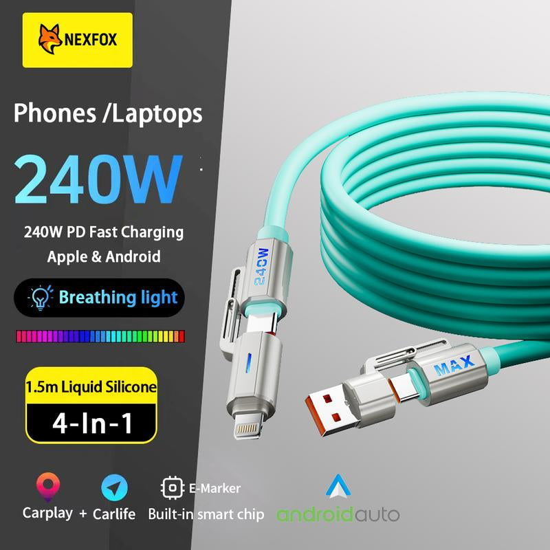 NEXFOX 4 in 1 Liquid Silicone Data Cable 240W Fast Charging for Iphone 17 & Android Devices with USB a Type C & Lightning Carplay Android Auto